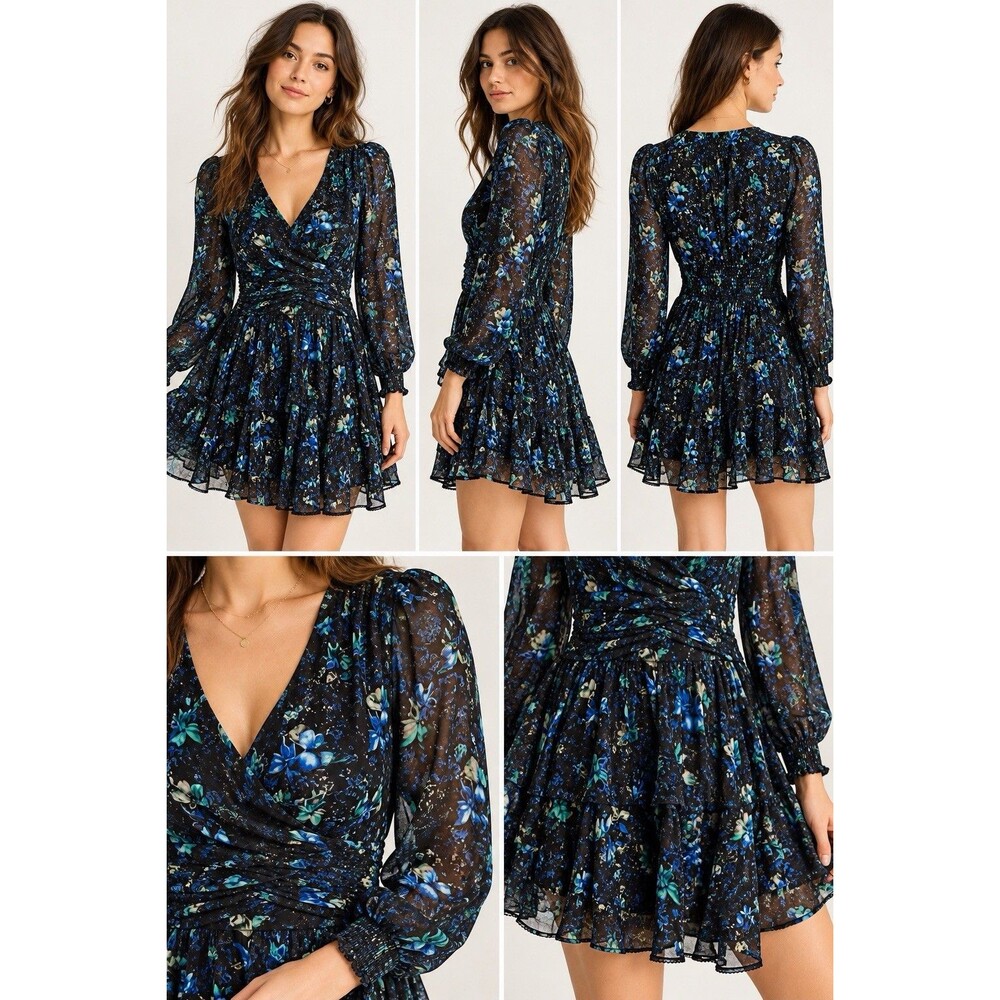 Anthropologie Dress M Black Blue Floral Mini Ruched Romantic Boho Cottagecore